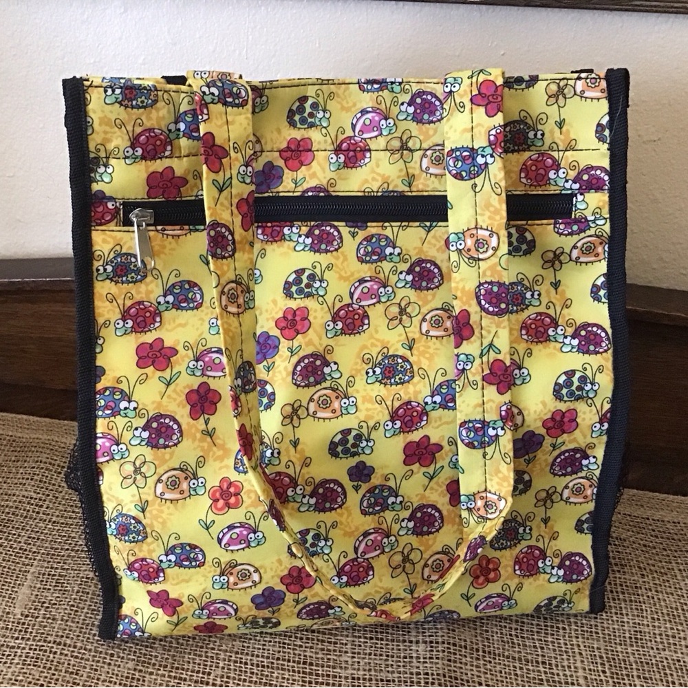 Cute Ladybug & Flower Print Water Resistant Tote Bag.  Multiple pockets.